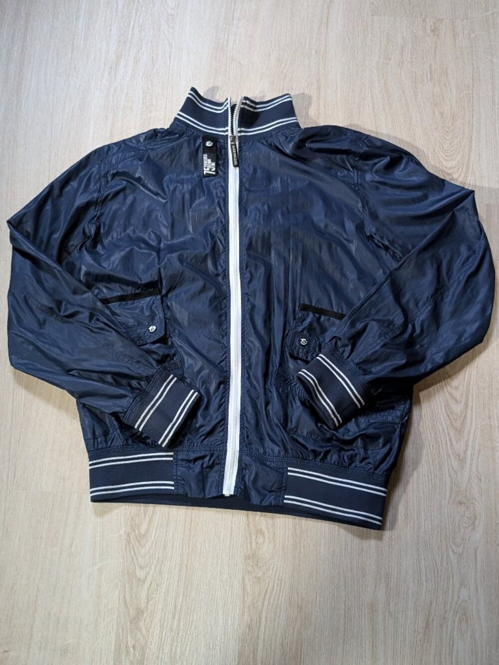 Vintage Y2K Women's Parasuco Blue Bomber Style Windbreaker Striped Trim Size L